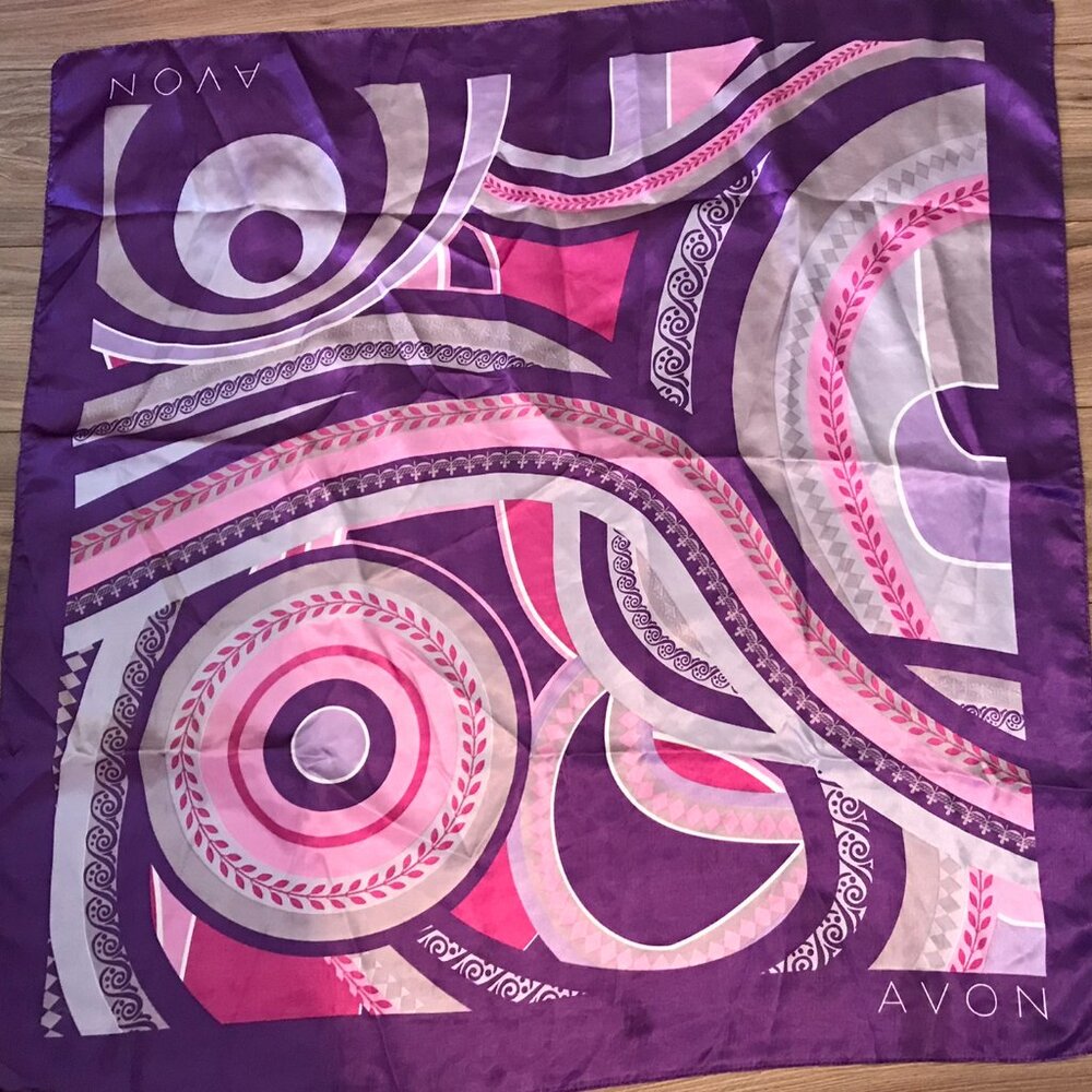 Vintage Purple AVON Scarf Large Square Designer Floral and Geometric Pattern